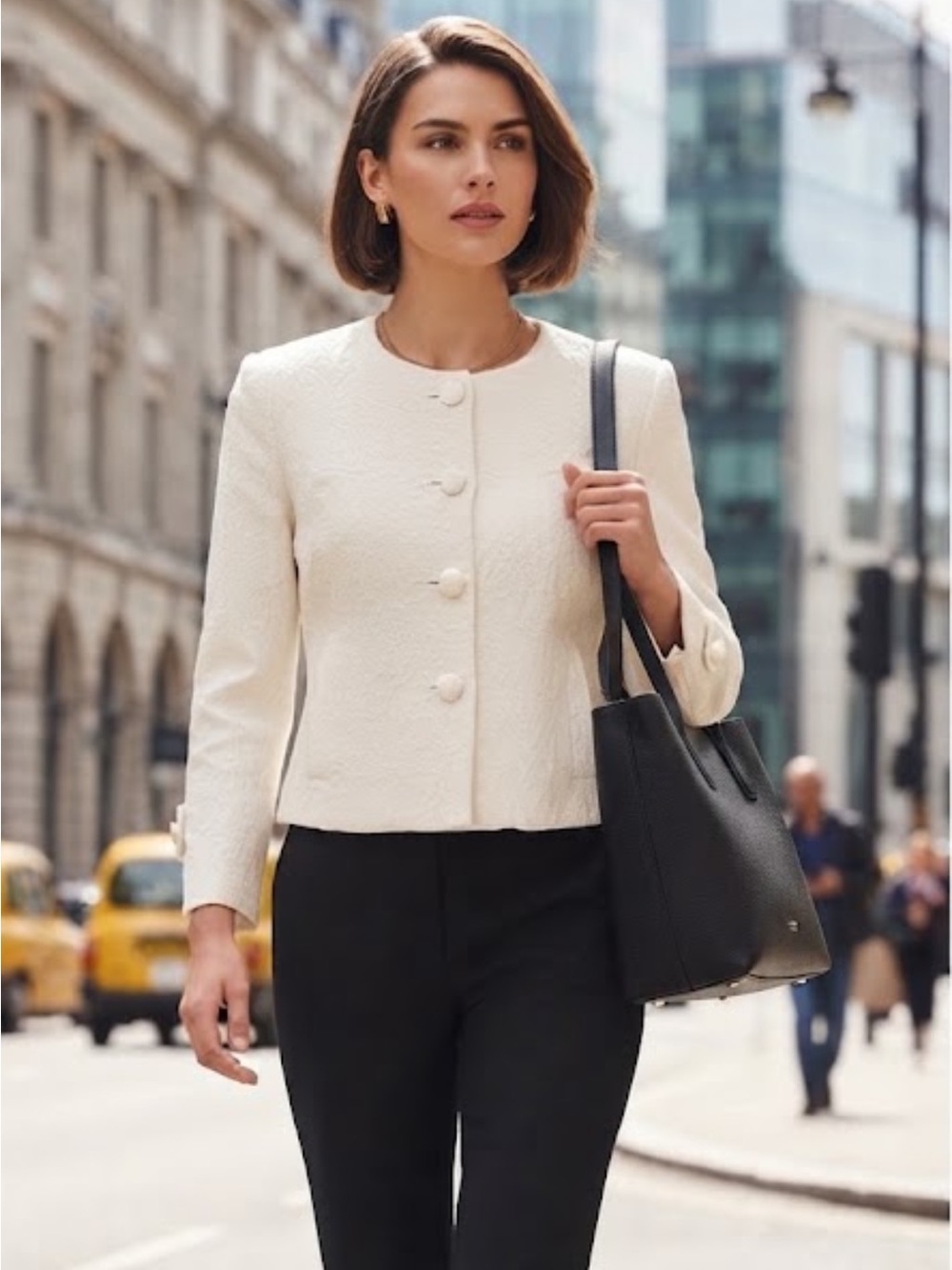 NWOT Louben Textured White Cotton Blend Cropped Collarless Jacket